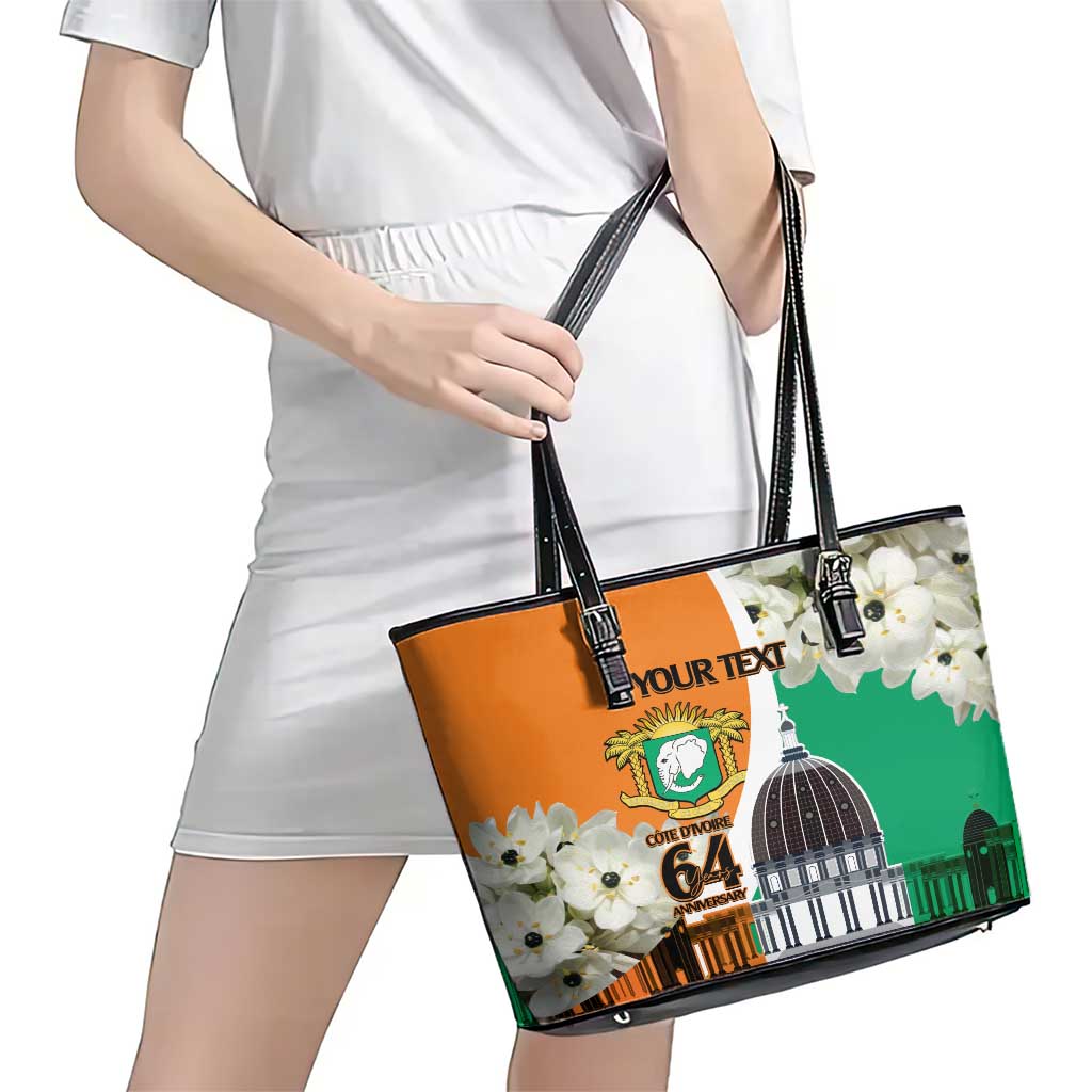 Personalized Ivory Coast Independence Day Leather Tote Bag Ornithogalum Arabicum Happy 64 Years Anniversary LT14