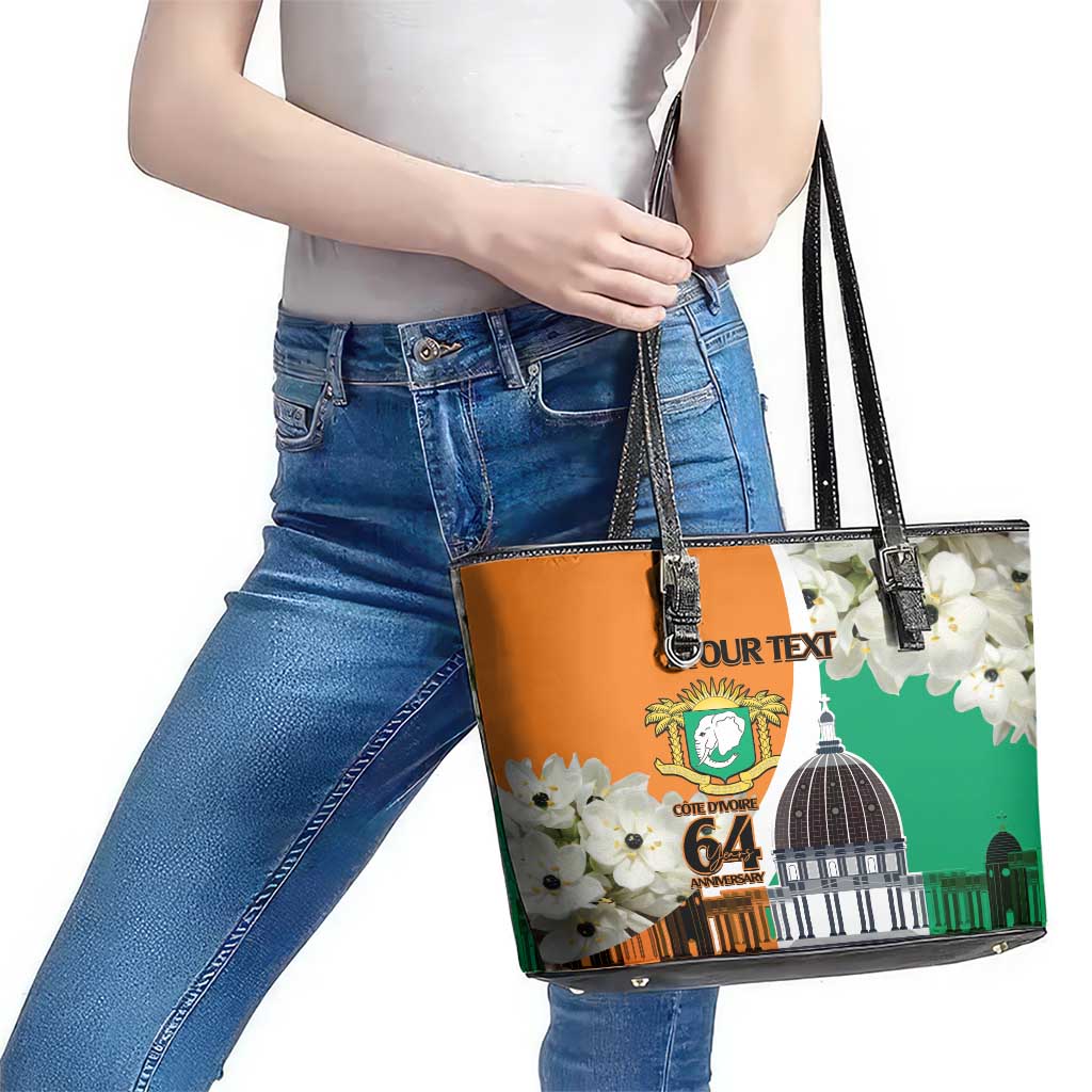 Personalized Ivory Coast Independence Day Leather Tote Bag Ornithogalum Arabicum Happy 64 Years Anniversary LT14