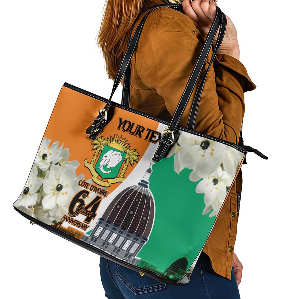 Personalized Ivory Coast Independence Day Leather Tote Bag Ornithogalum Arabicum Happy 64 Years Anniversary LT14
