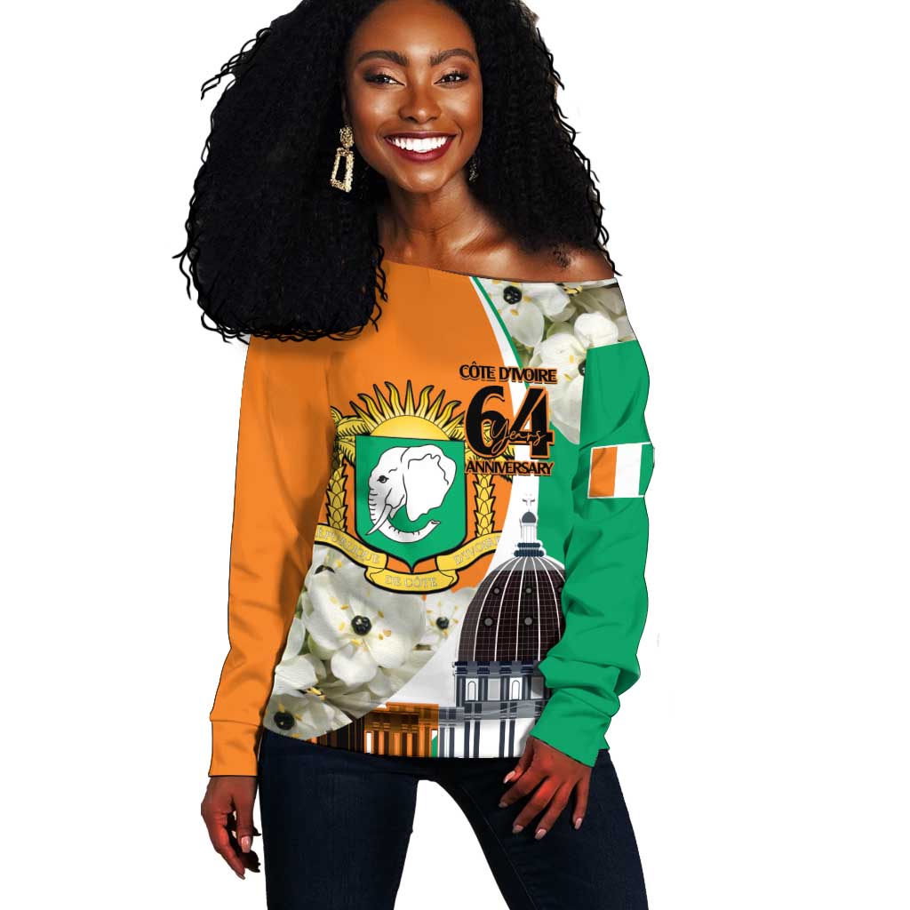 Personalized Ivory Coast Independence Day Off Shoulder Sweater Ornithogalum Arabicum Happy 64 Years Anniversary LT14