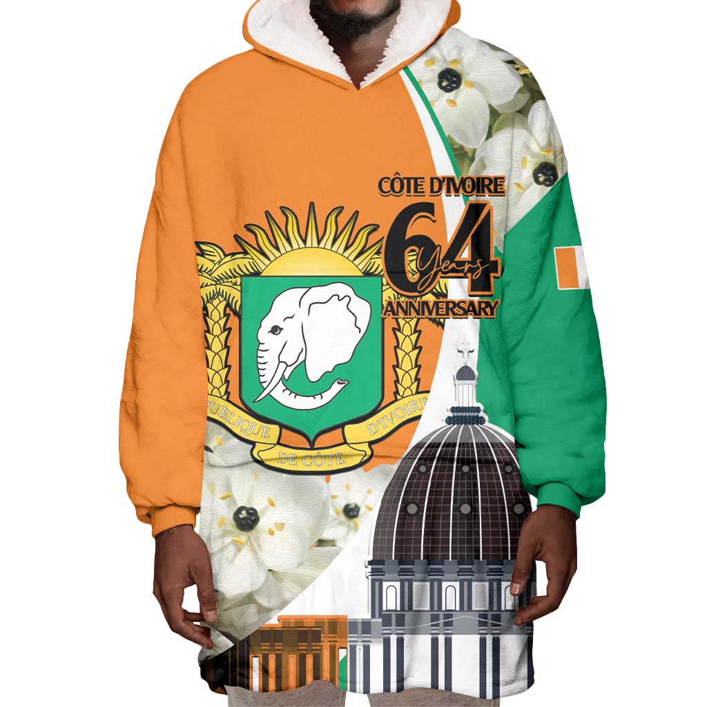 Personalized Ivory Coast Independence Day Wearable Blanket Hoodie Ornithogalum Arabicum Happy 64 Years Anniversary LT14