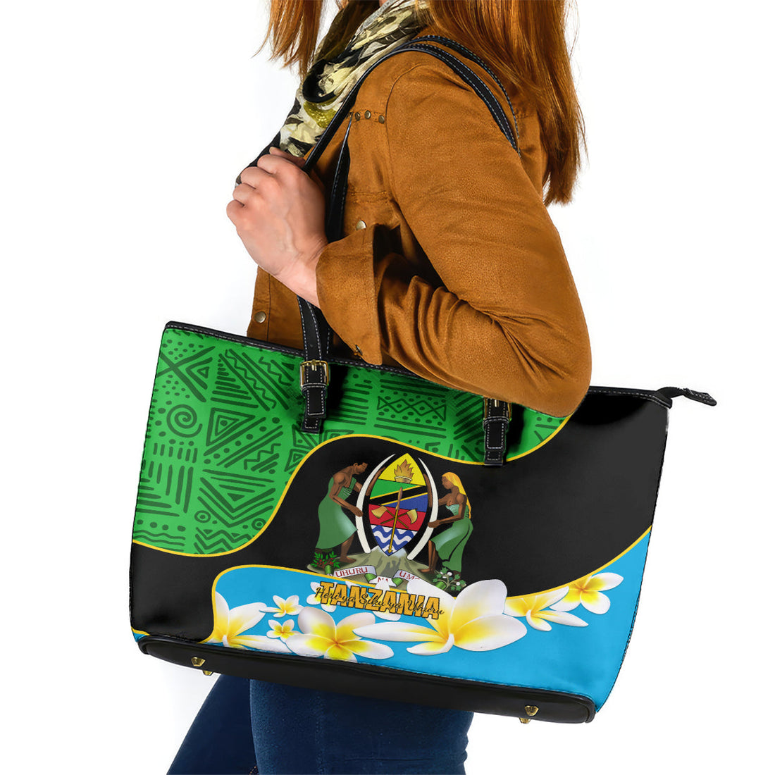 Personalised Tanzania Independence Day Leather Tote Bag Heri ya Siku ya Uhuru African Pattern LT14