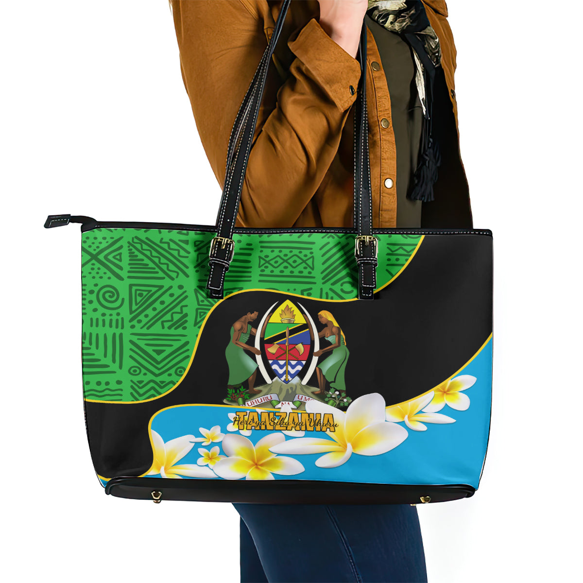 Personalised Tanzania Independence Day Leather Tote Bag Heri ya Siku ya Uhuru African Pattern LT14