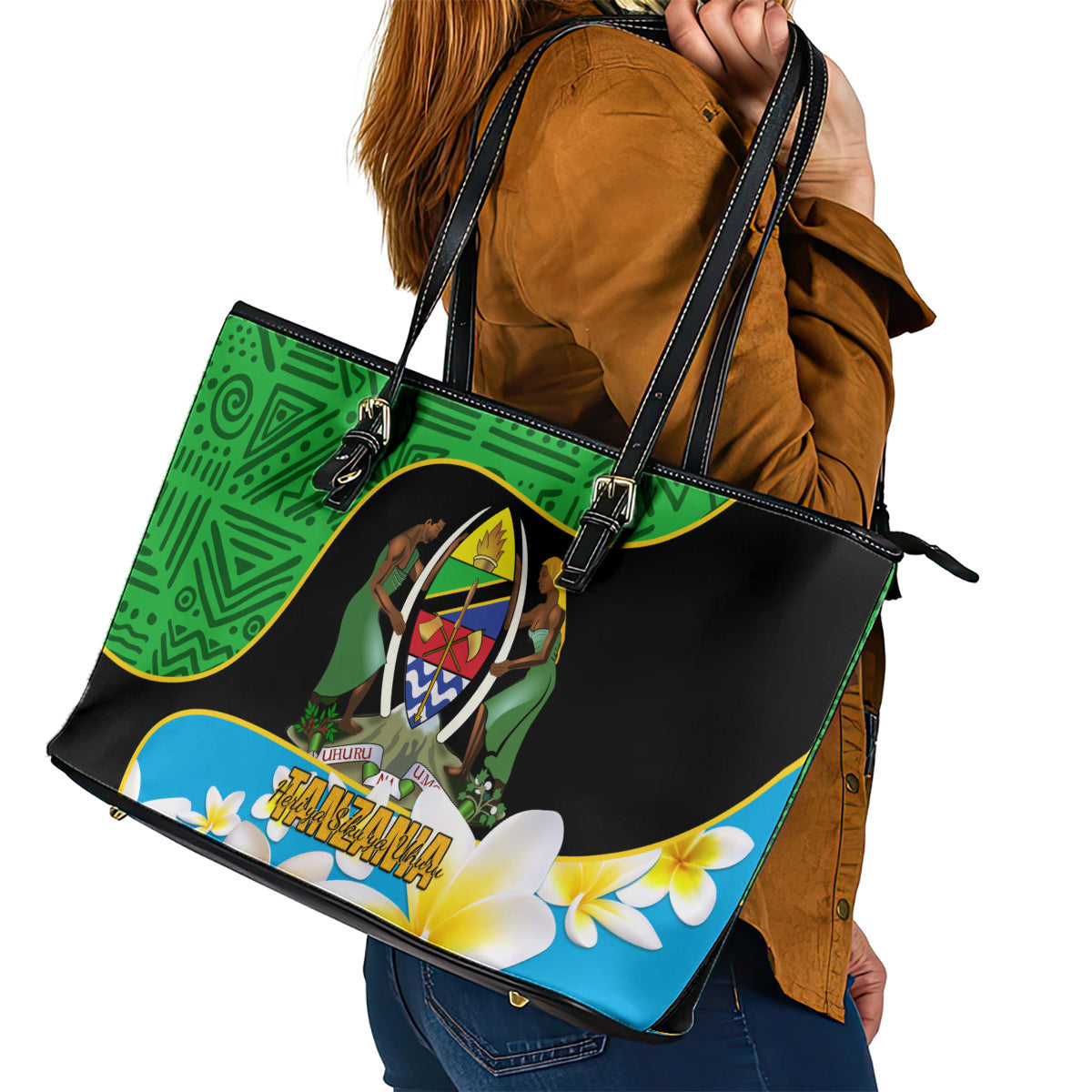 Personalised Tanzania Independence Day Leather Tote Bag Heri ya Siku ya Uhuru African Pattern LT14