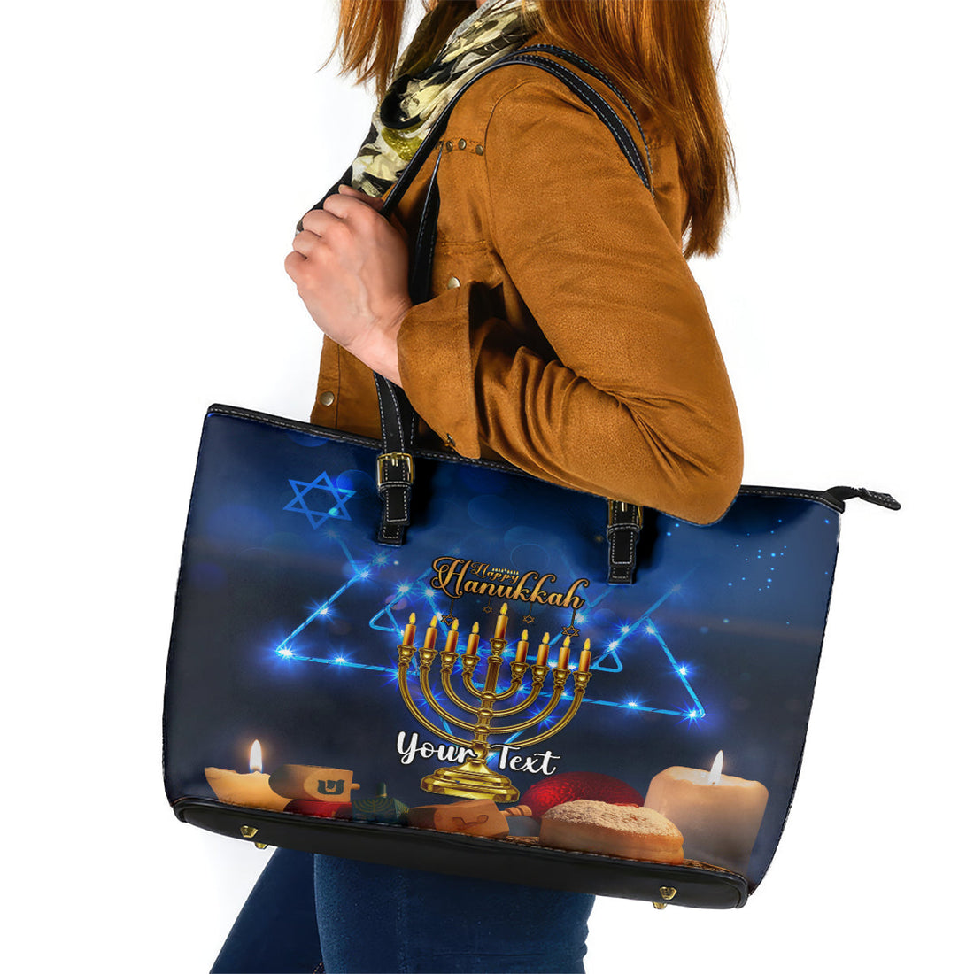 Personalised Hanukkah Leather Tote Bag Menorah Happy Jewish Holiday LT14