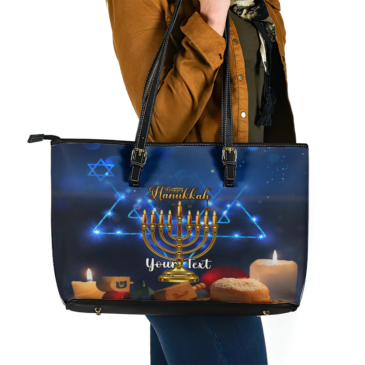 Personalised Hanukkah Leather Tote Bag Menorah Happy Jewish Holiday LT14