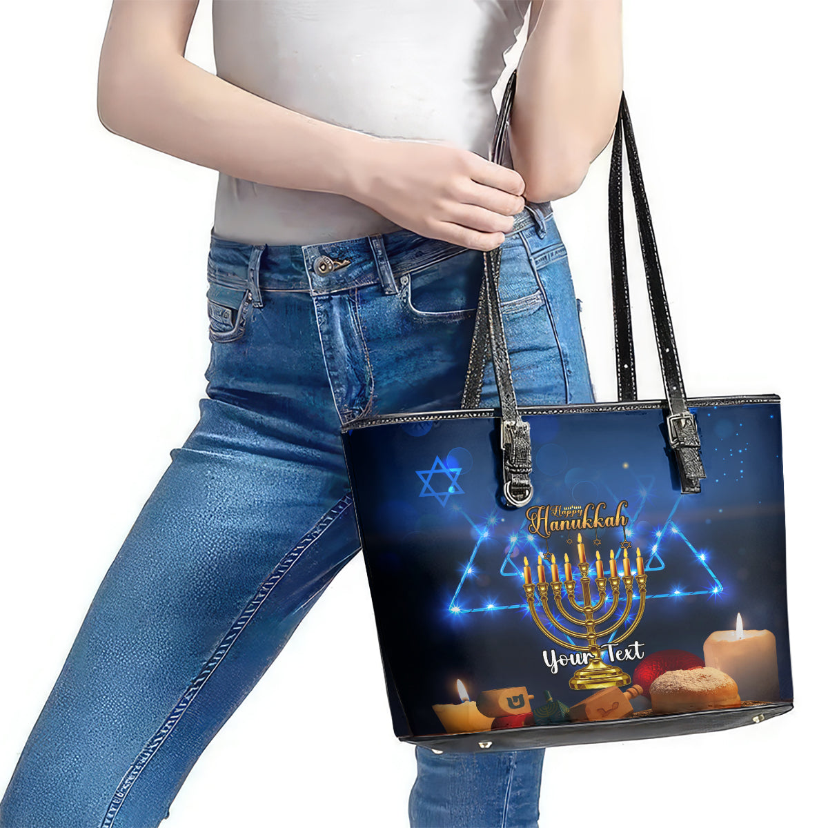 Personalised Hanukkah Leather Tote Bag Menorah Happy Jewish Holiday LT14