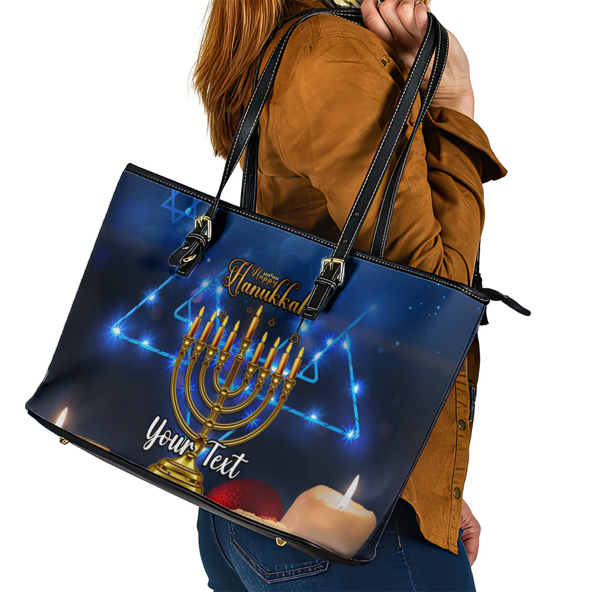 Personalised Hanukkah Leather Tote Bag Menorah Happy Jewish Holiday LT14