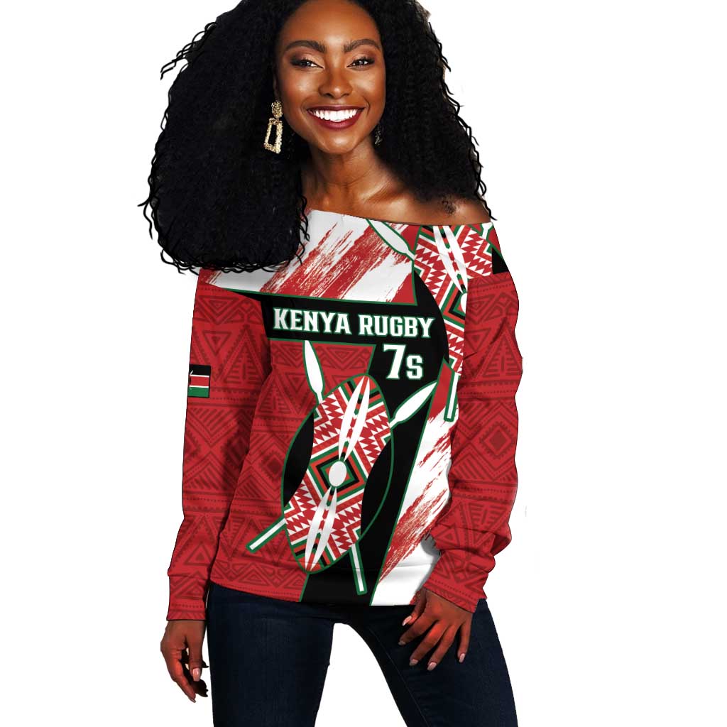 Custom Kenya Rugby Sevens Off Shoulder Sweater Maasai Shield With African Pattern LT14