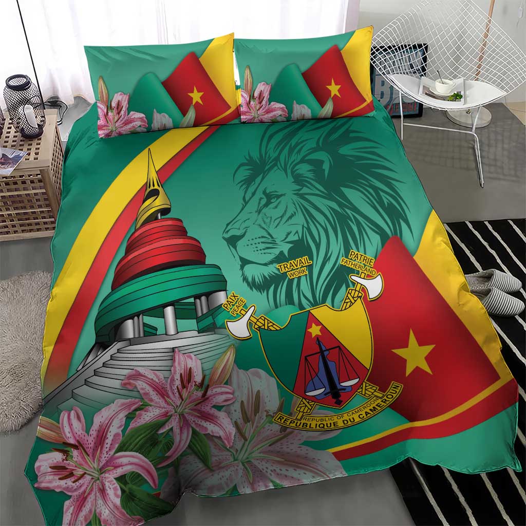 Monument de la Reunification Cameroun Bedding Set Coat Of Arms With Lily Flowers LT14