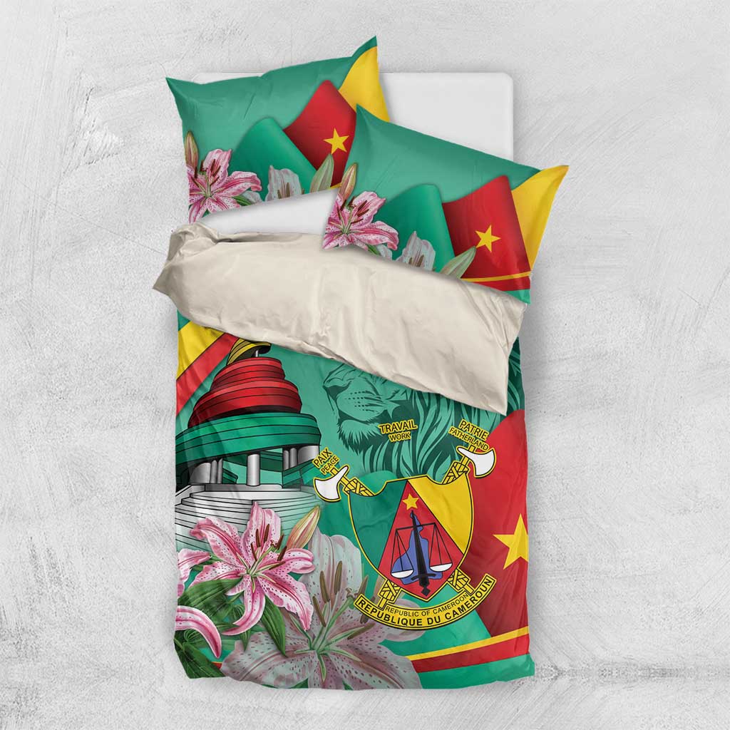 Monument de la Reunification Cameroun Bedding Set Coat Of Arms With Lily Flowers LT14