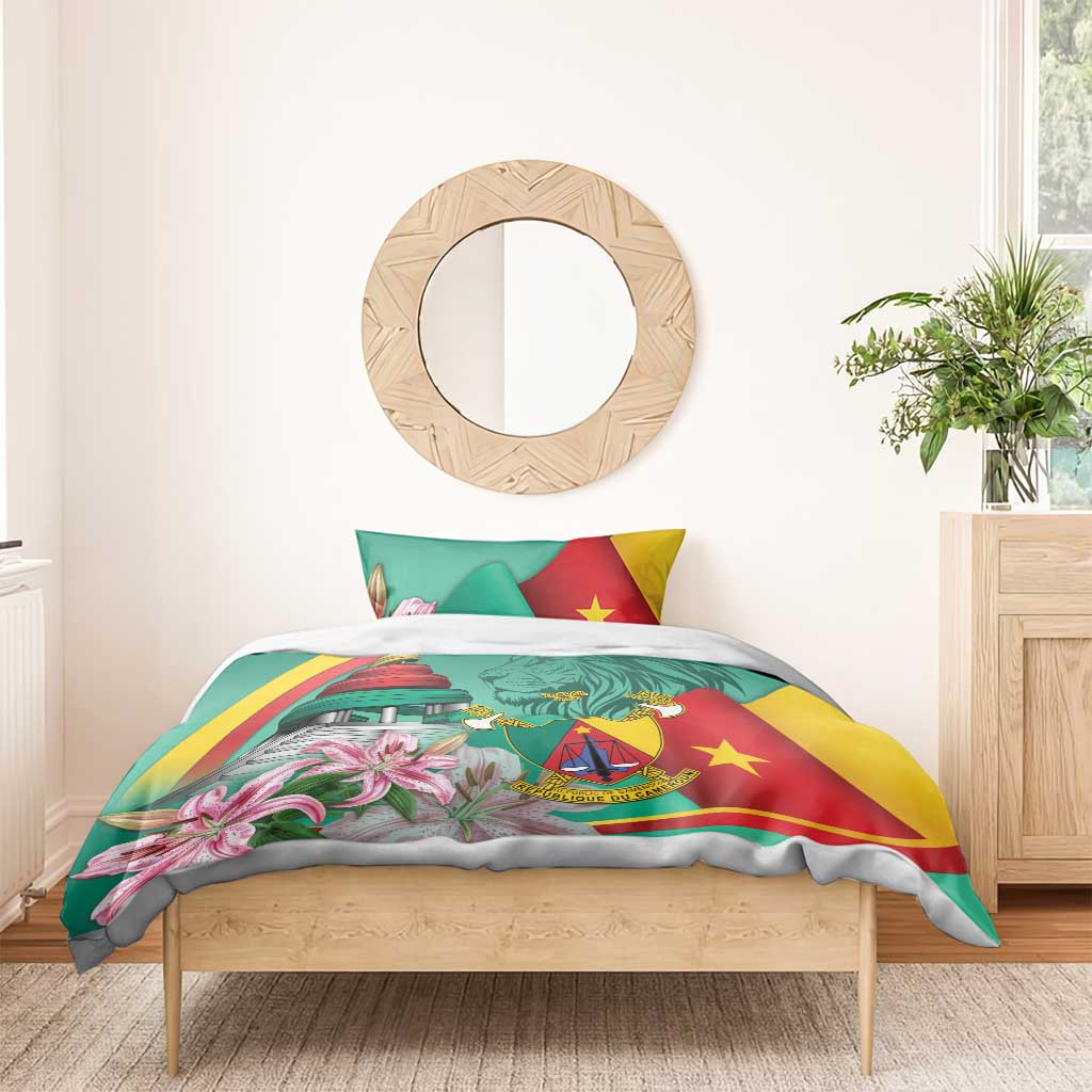 Monument de la Reunification Cameroun Bedding Set Coat Of Arms With Lily Flowers LT14