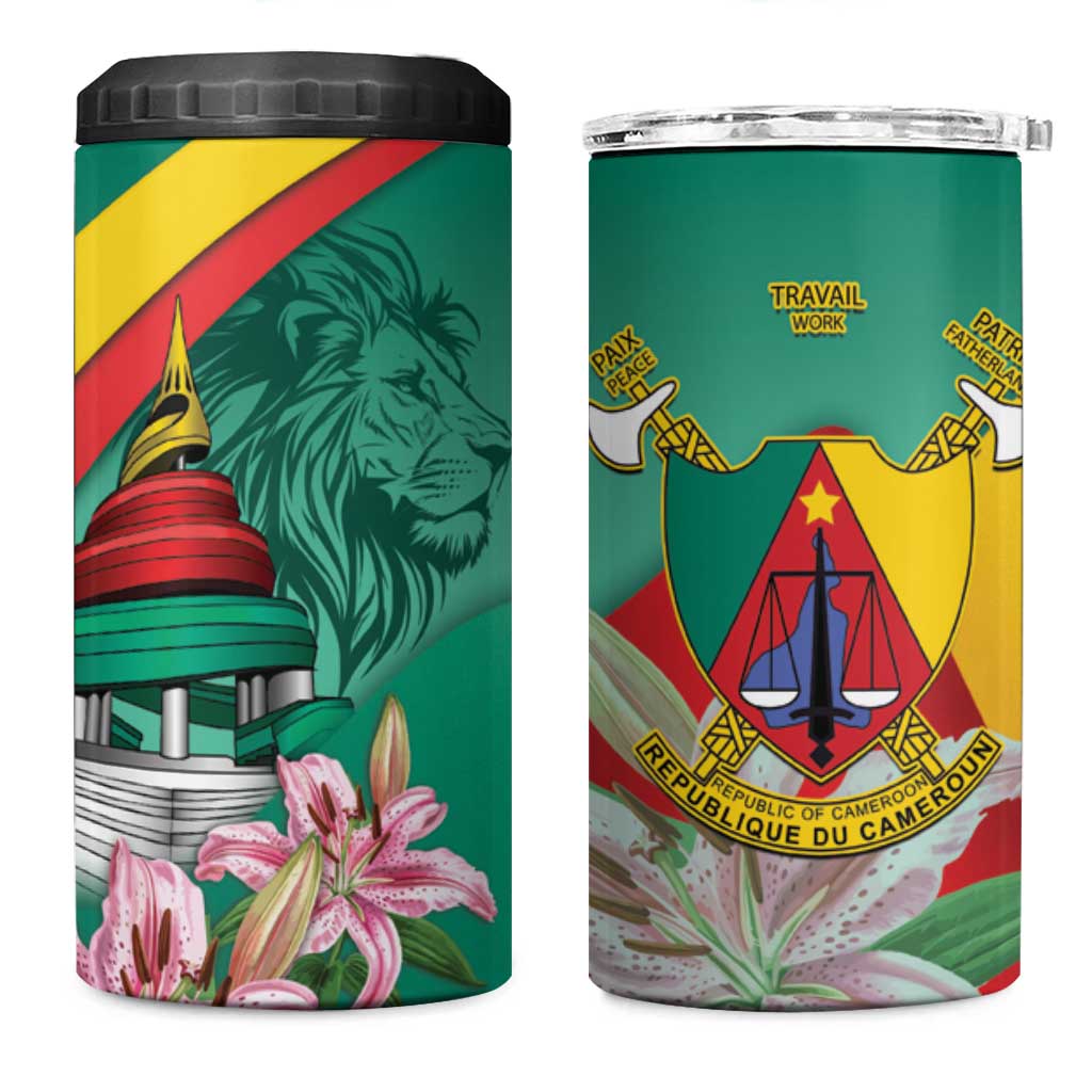 Monument de la Reunification Cameroun 4 in 1 Can Cooler Tumbler Coat Of Arms With Lily Flowers LT14
