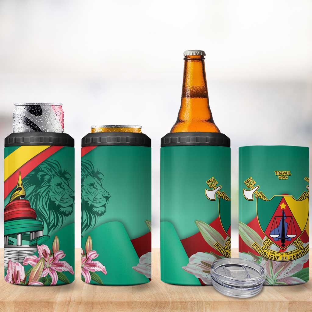 Monument de la Reunification Cameroun 4 in 1 Can Cooler Tumbler Coat Of Arms With Lily Flowers LT14