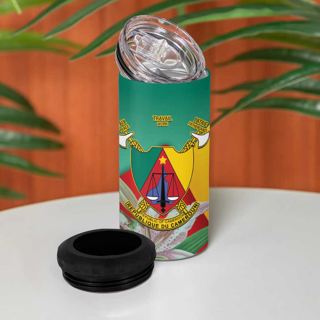 Monument de la Reunification Cameroun 4 in 1 Can Cooler Tumbler Coat Of Arms With Lily Flowers LT14