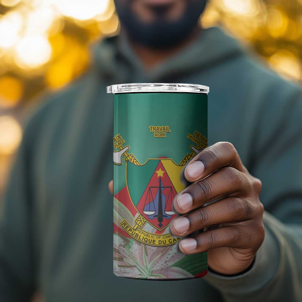 Monument de la Reunification Cameroun 4 in 1 Can Cooler Tumbler Coat Of Arms With Lily Flowers LT14