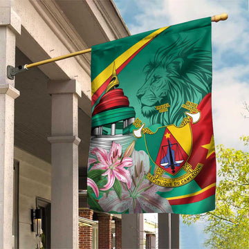 Monument de la Reunification Cameroun Garden Flag Coat Of Arms With Lily Flowers LT14