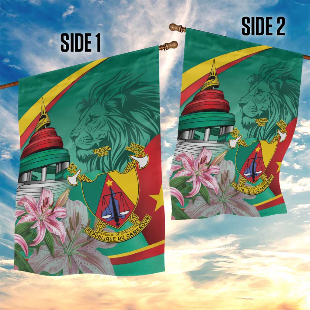 Monument de la Reunification Cameroun Garden Flag Coat Of Arms With Lily Flowers LT14