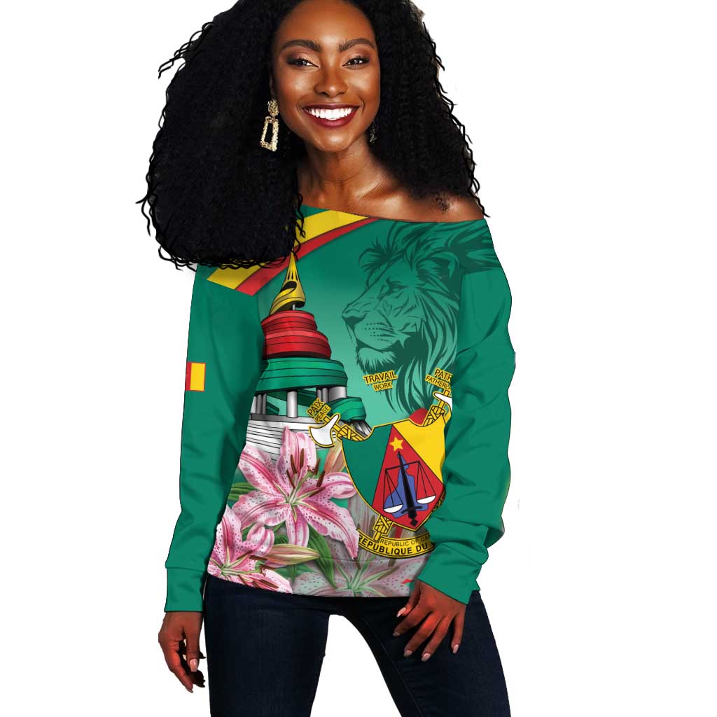 Monument de la Reunification Cameroun Off Shoulder Sweater Coat Of Arms With Lily Flowers LT14