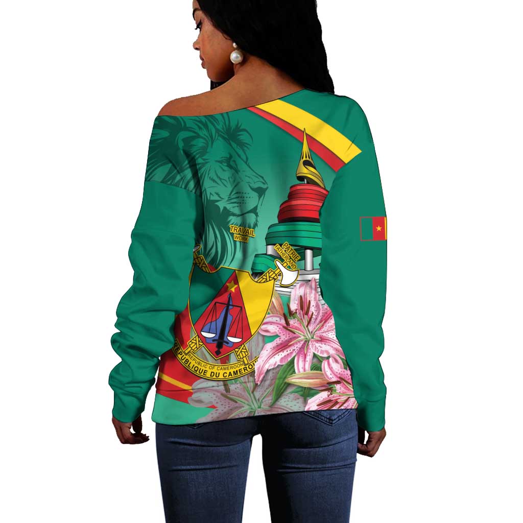 Monument de la Reunification Cameroun Off Shoulder Sweater Coat Of Arms With Lily Flowers LT14