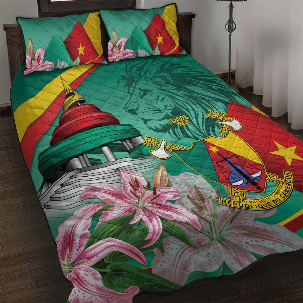 Monument de la Reunification Cameroun Quilt Bed Set Coat Of Arms With Lily Flowers LT14