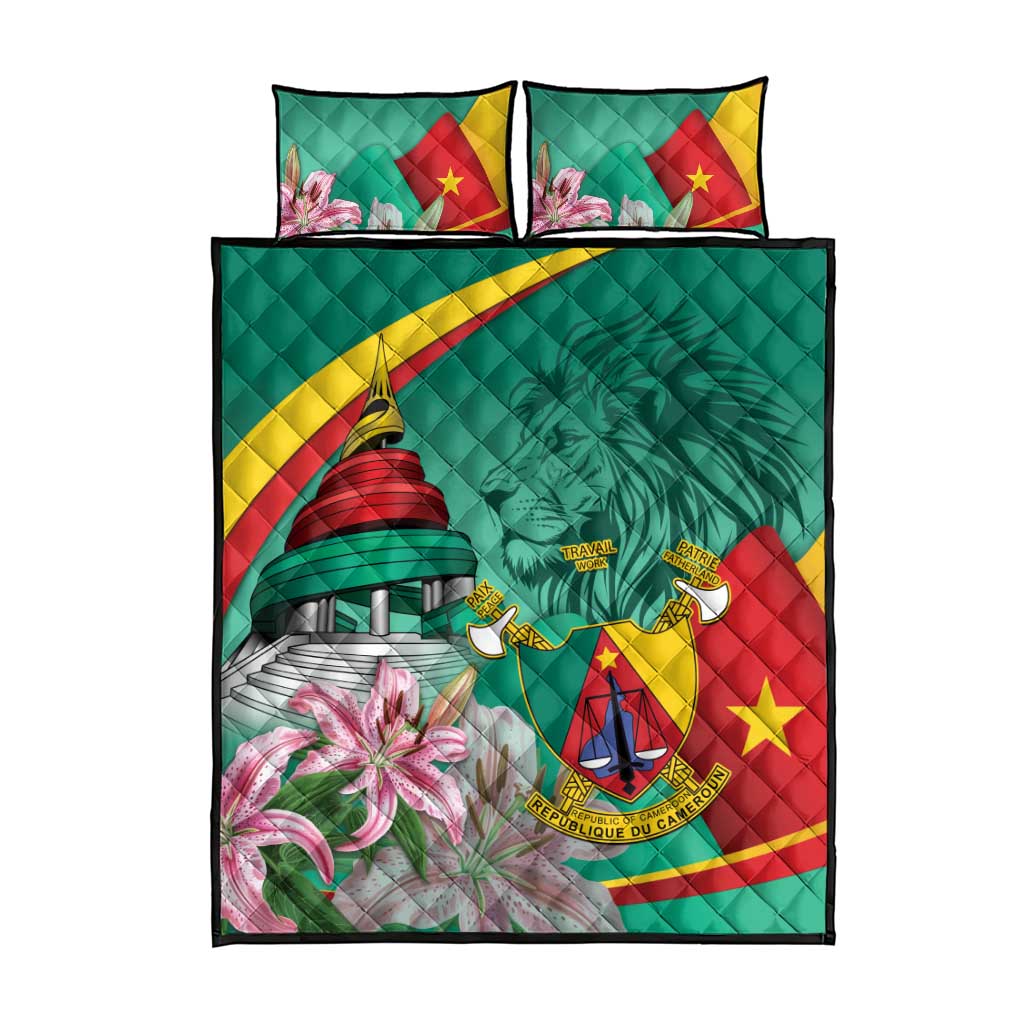 Monument de la Reunification Cameroun Quilt Bed Set Coat Of Arms With Lily Flowers LT14