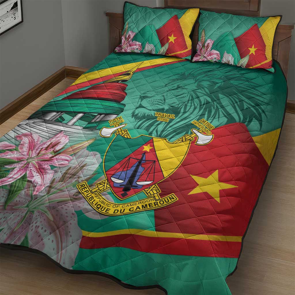 Monument de la Reunification Cameroun Quilt Bed Set Coat Of Arms With Lily Flowers LT14