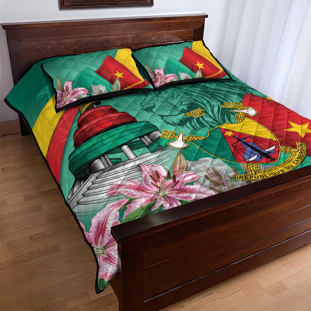 Monument de la Reunification Cameroun Quilt Bed Set Coat Of Arms With Lily Flowers LT14