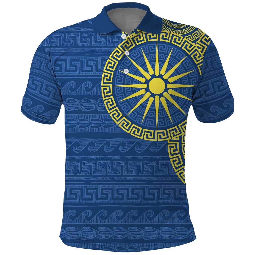 Vergina Sun Macedonia Polo Shirt Greek Pattern Blue LT14