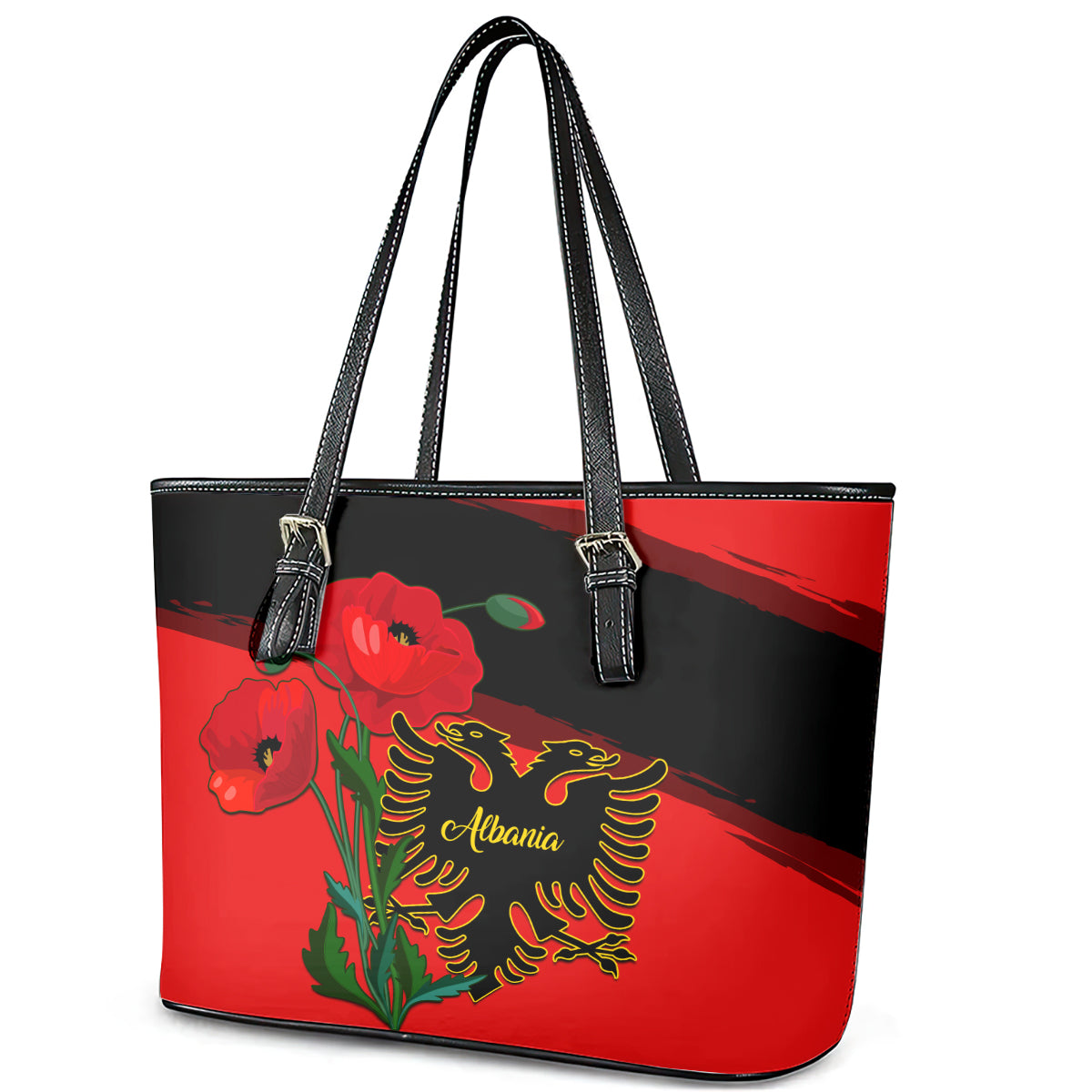 Albania Flag Day Leather Tote Bag Albanian Coat Of Arms With Red Poppy LT14
