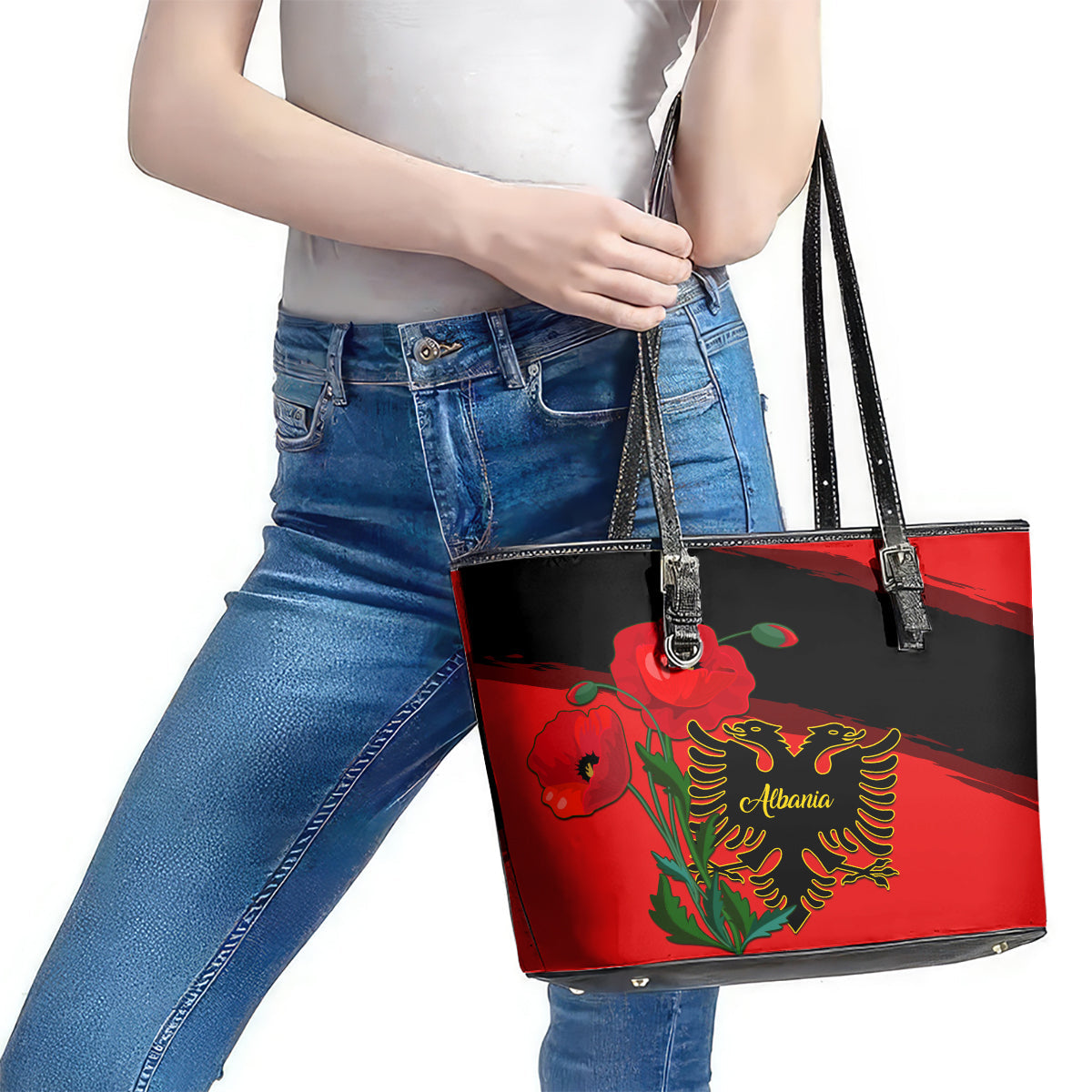 Albania Flag Day Leather Tote Bag Albanian Coat Of Arms With Red Poppy LT14