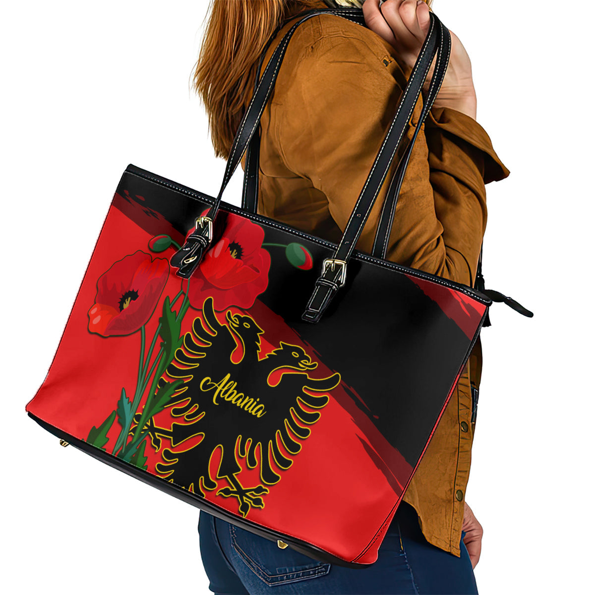 Albania Flag Day Leather Tote Bag Albanian Coat Of Arms With Red Poppy LT14