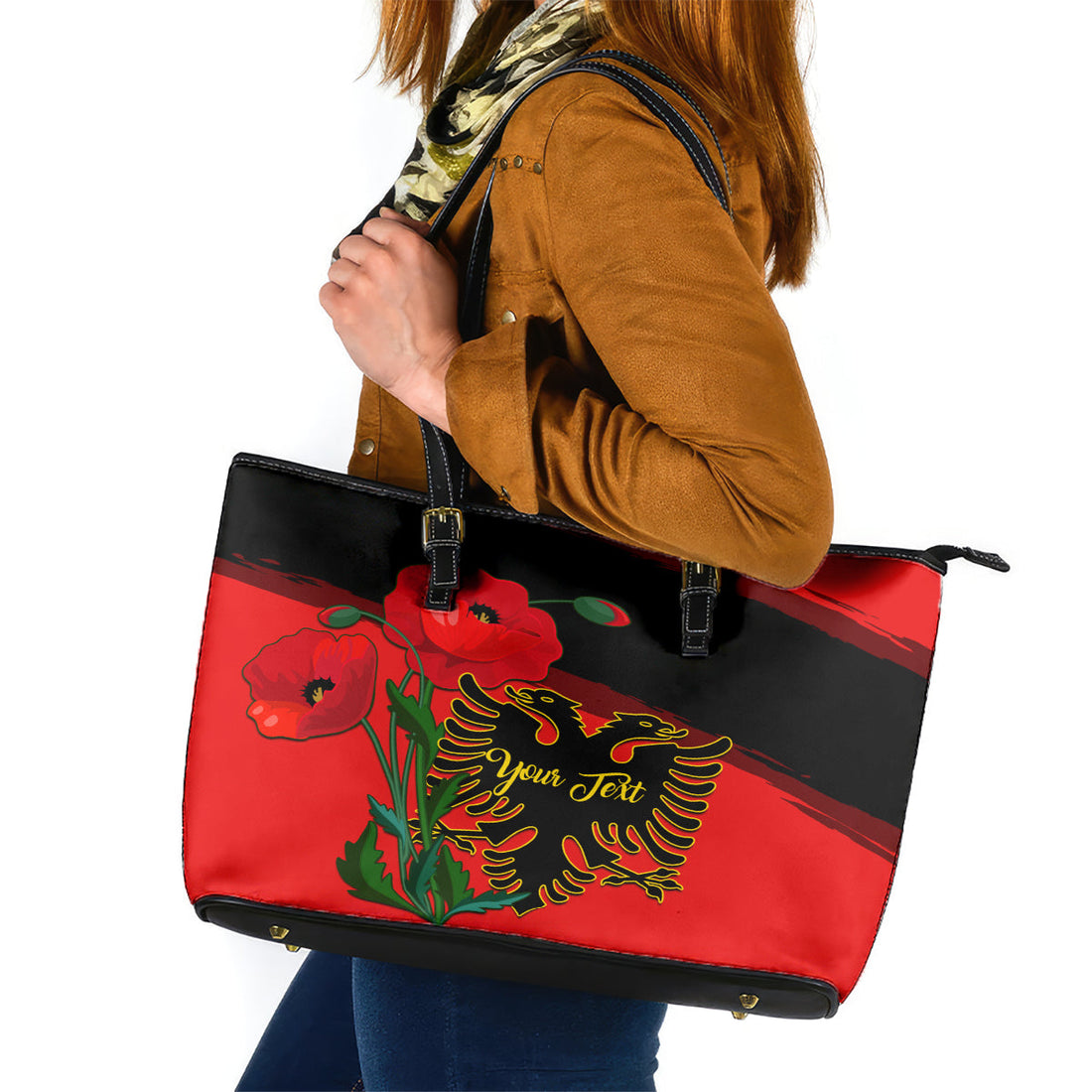 Personalised Albania Flag Day Leather Tote Bag Albanian Coat Of Arms With Red Poppy LT14