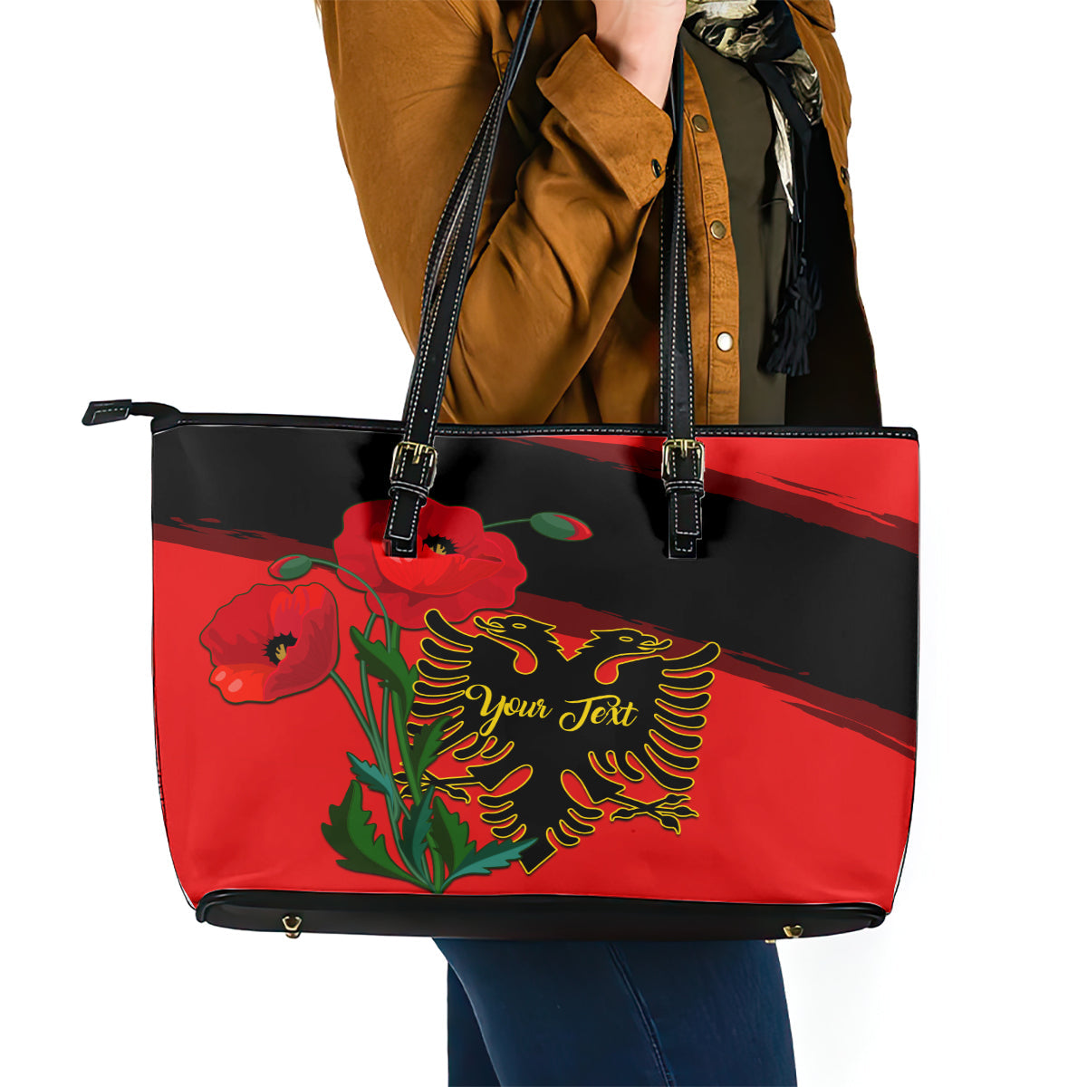 Personalised Albania Flag Day Leather Tote Bag Albanian Coat Of Arms With Red Poppy LT14