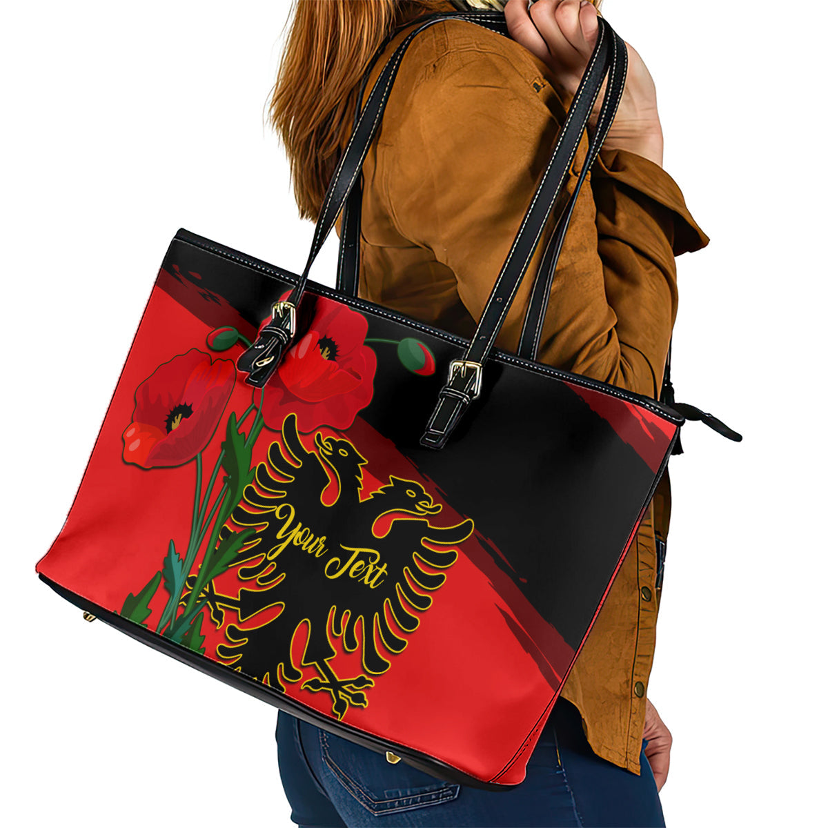 Personalised Albania Flag Day Leather Tote Bag Albanian Coat Of Arms With Red Poppy LT14