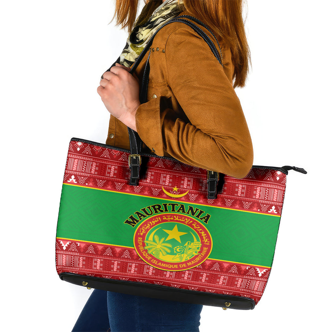 Personalised Mauritania Independence Day Leather Tote Bag Mauritanian Map Mix African Pattern LT14