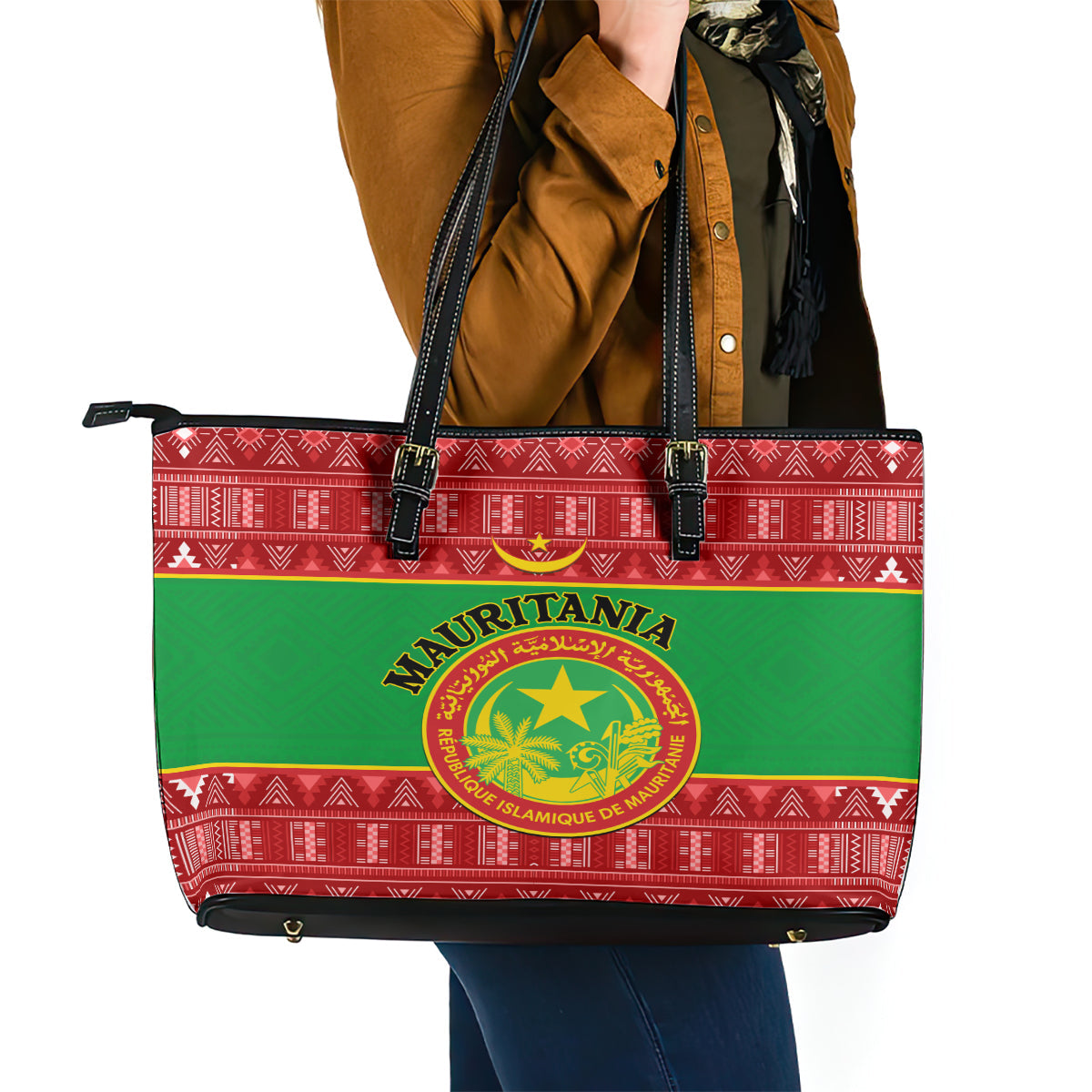 Personalised Mauritania Independence Day Leather Tote Bag Mauritanian Map Mix African Pattern LT14