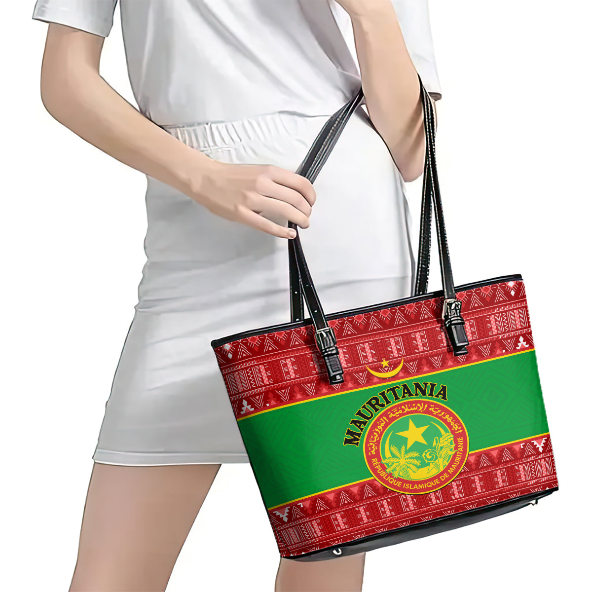 Personalised Mauritania Independence Day Leather Tote Bag Mauritanian Map Mix African Pattern LT14