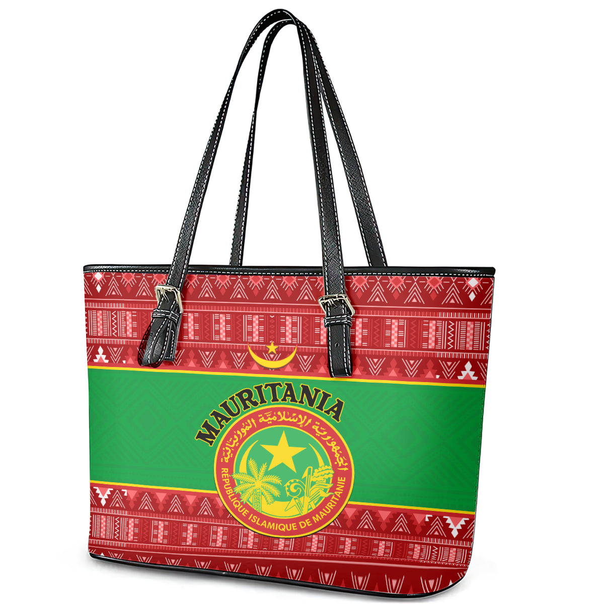 Personalised Mauritania Independence Day Leather Tote Bag Mauritanian Map Mix African Pattern LT14
