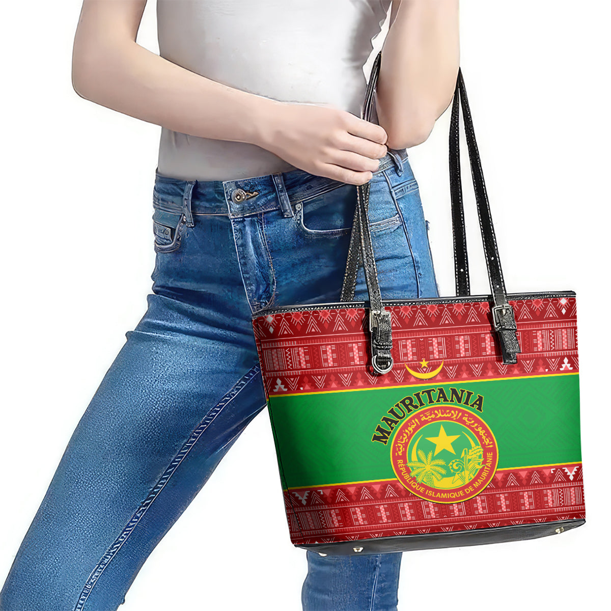 Personalised Mauritania Independence Day Leather Tote Bag Mauritanian Map Mix African Pattern LT14