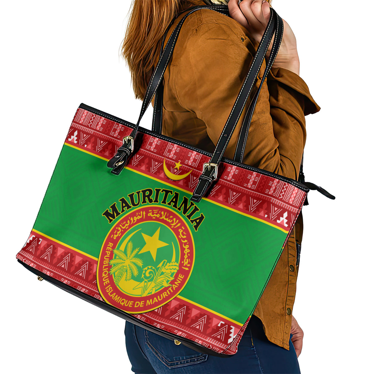 Personalised Mauritania Independence Day Leather Tote Bag Mauritanian Map Mix African Pattern LT14