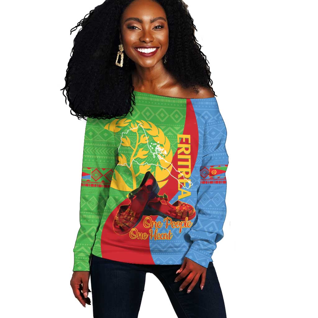 Personalised Eritrea Independence Day Off Shoulder Sweater Shida Shoes Olive Branch African Pattern LT14