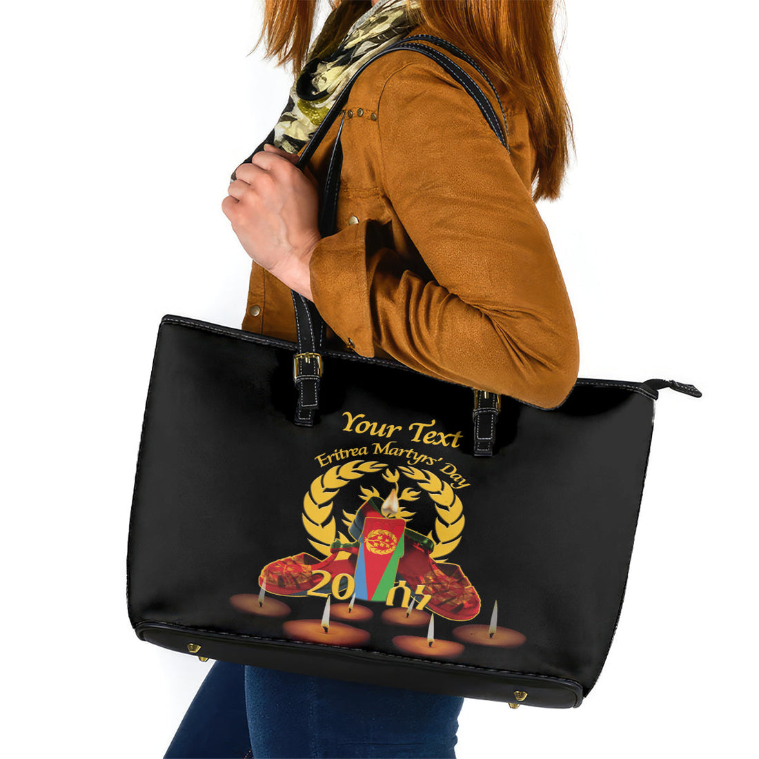 Custom Eritrea Martyrs' Day Leather Tote Bag 20 June Shida Shoes With Candles - Black LT14