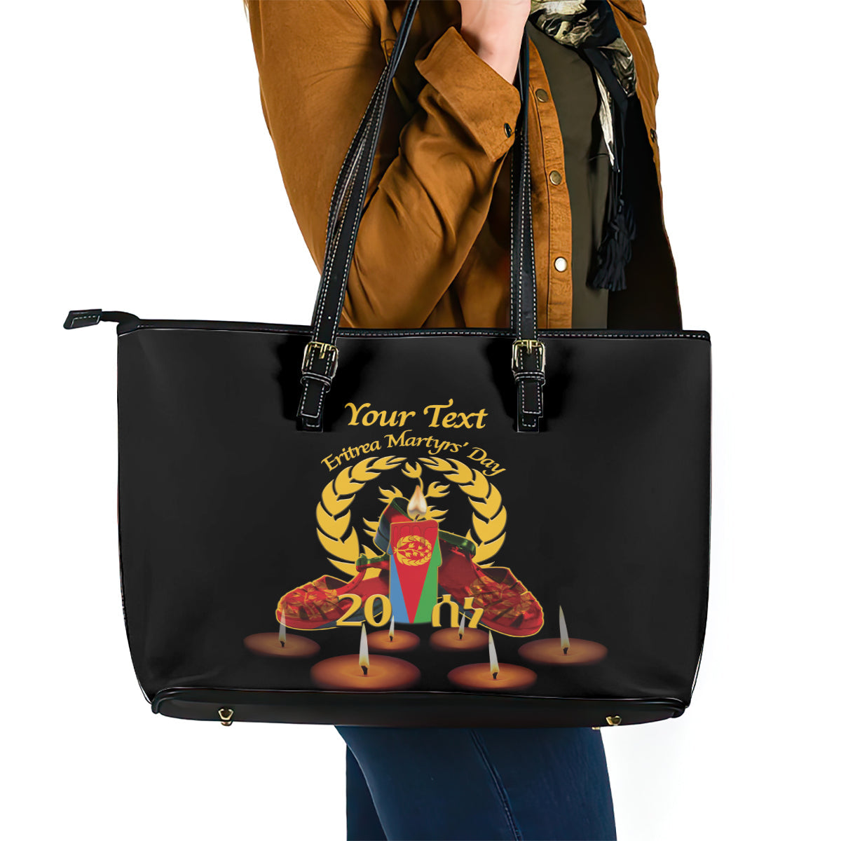 Custom Eritrea Martyrs' Day Leather Tote Bag 20 June Shida Shoes With Candles - Black LT14
