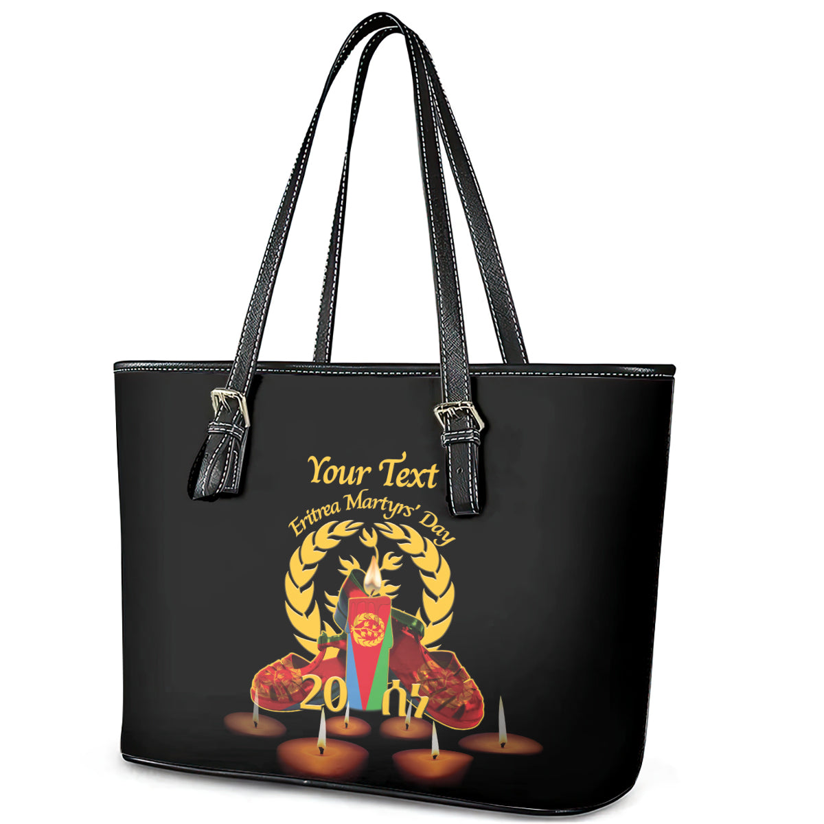 Custom Eritrea Martyrs' Day Leather Tote Bag 20 June Shida Shoes With Candles - Black LT14