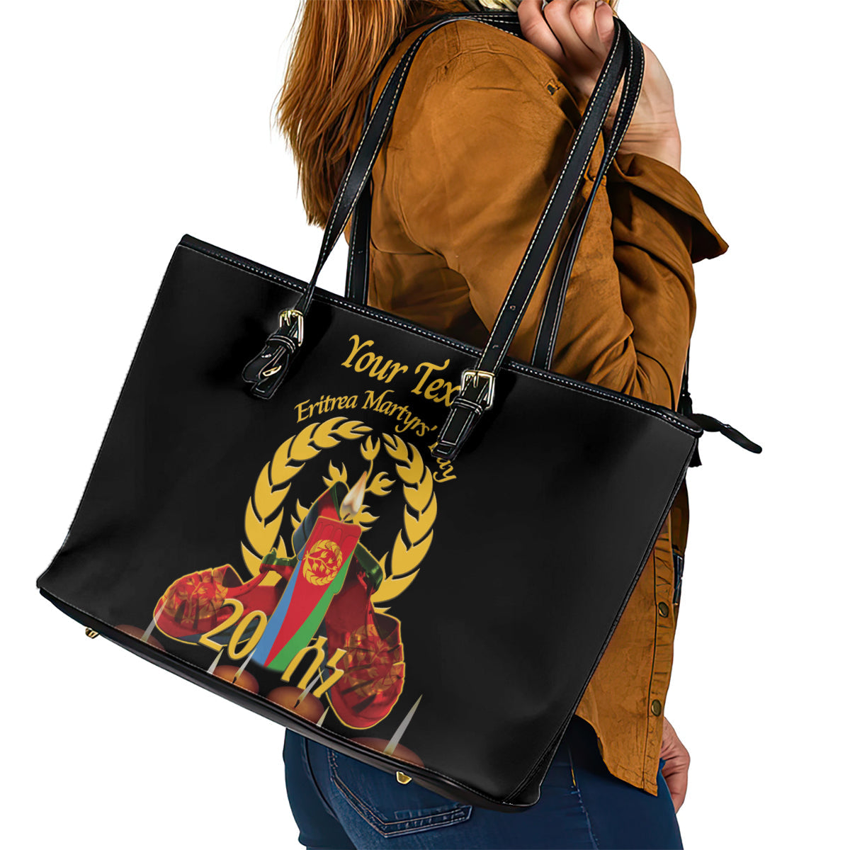 Custom Eritrea Martyrs' Day Leather Tote Bag 20 June Shida Shoes With Candles - Black LT14