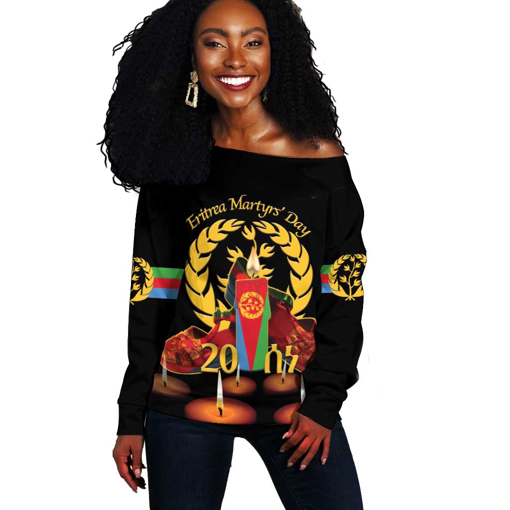 Custom Eritrea Martyrs' Day Off Shoulder Sweater 20 June Shida Shoes With Candles - Black LT14