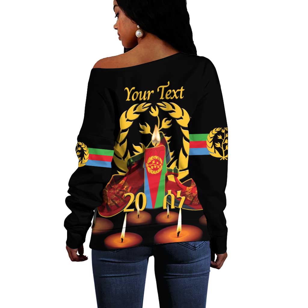Custom Eritrea Martyrs' Day Off Shoulder Sweater 20 June Shida Shoes With Candles - Black LT14