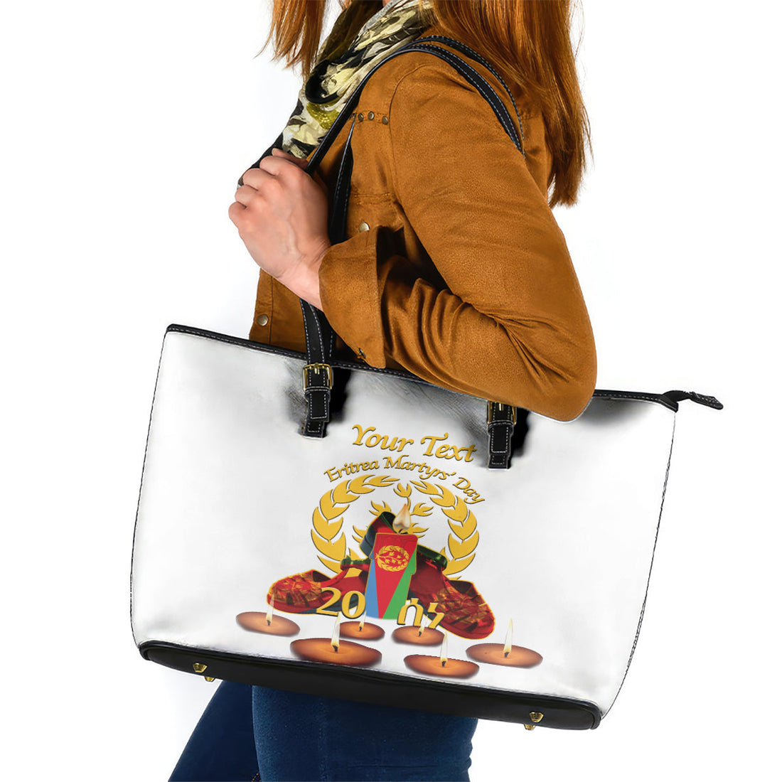 Custom Eritrea Martyrs' Day Leather Tote Bag 20 June Shida Shoes With Candles - White LT14