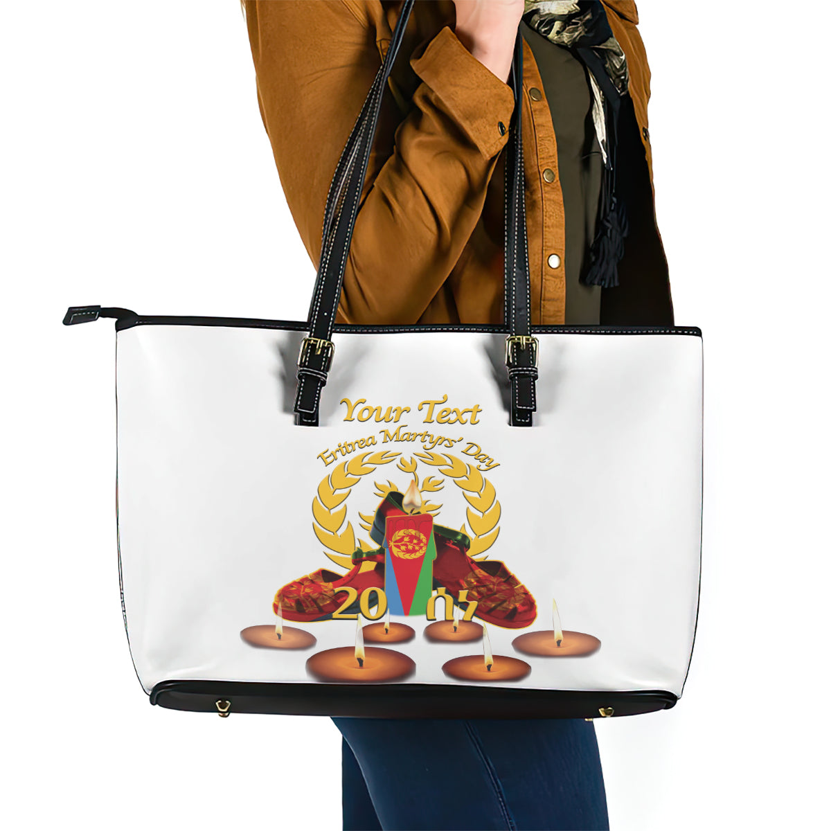 Custom Eritrea Martyrs' Day Leather Tote Bag 20 June Shida Shoes With Candles - White LT14